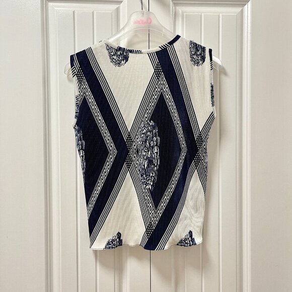 Vintage Ruched Crinkle Sleeveless Print Top Navy White - M - Picture 5 of 10